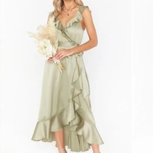 Show Me Your Mum Samantha Ruffle Wrap Dress Moss Green Satin Size Small